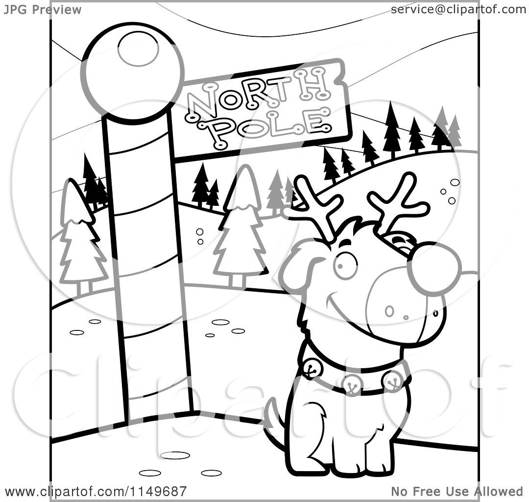 Cartoon clipart of a black and white rudolph dog by a north pole sign