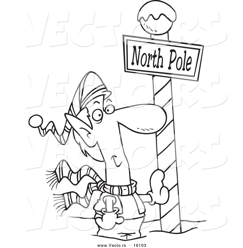R of a cartoon christmas elf leaning against a north pole post