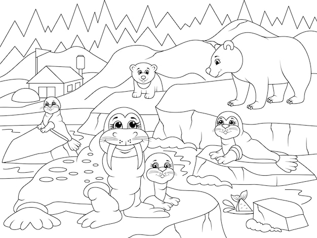 Premium vector north pole landscape and wild animals vector page for printable children coloring book