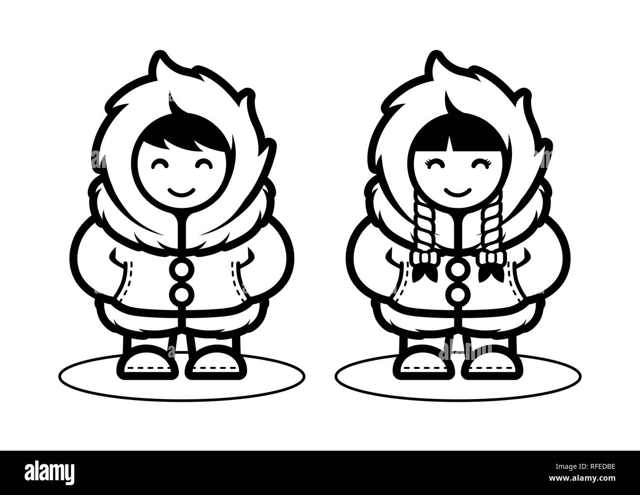 Young eskimo cute couple illustration in cartoon style for children kids coloring book arctic people living in north pole flat design stock vector image art