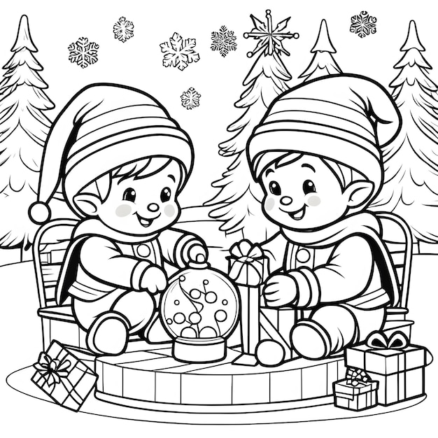 Premium ai image a cute christmas elf in the north pole prepares toys for children coloring for kids vector style