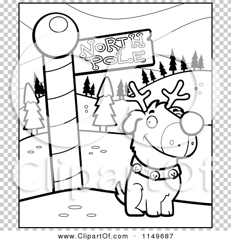 Cartoon clipart of a black and white rudolph dog by a north pole sign