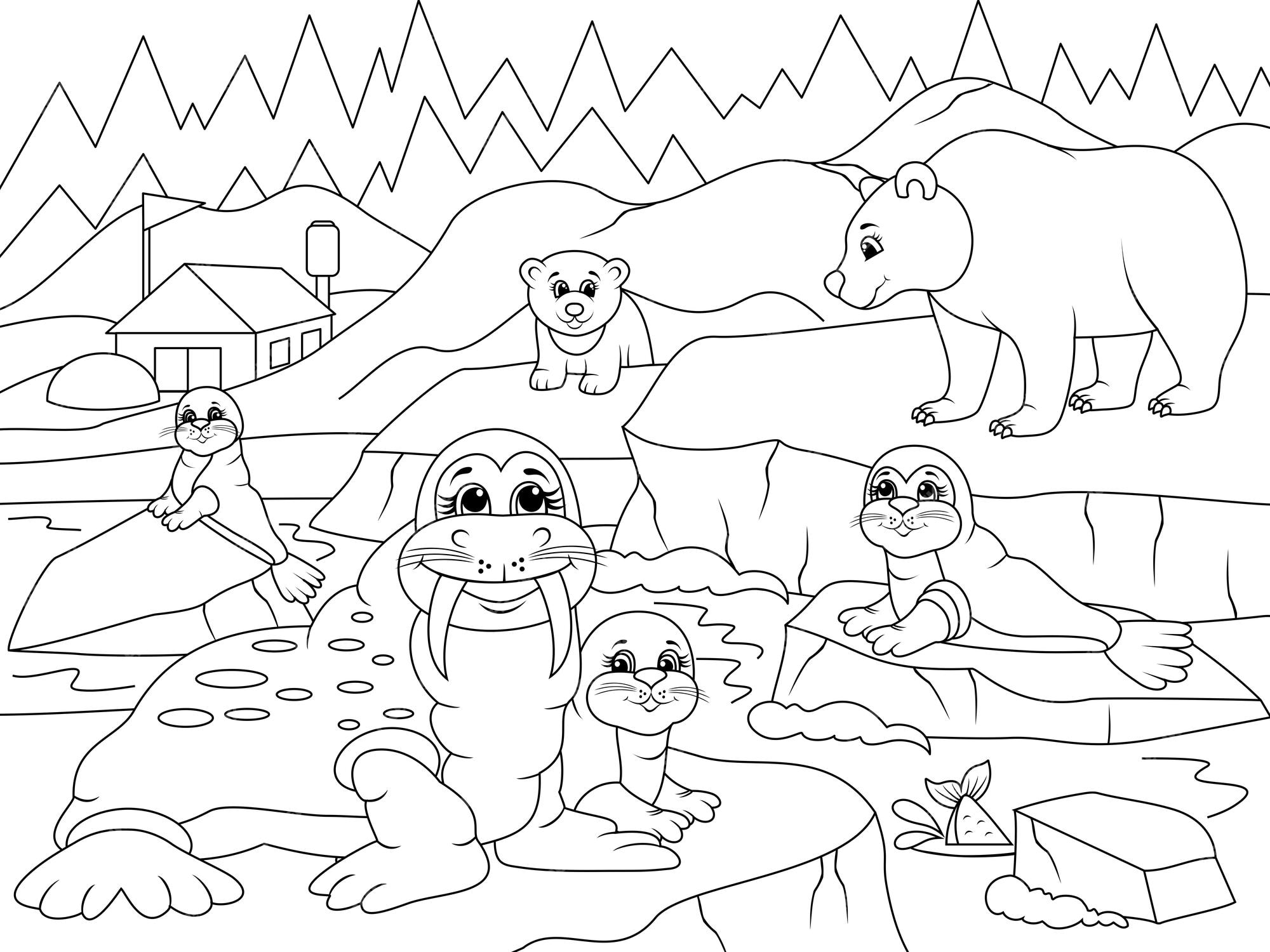 Premium vector north pole landscape and wild animals vector page for printable children coloring book