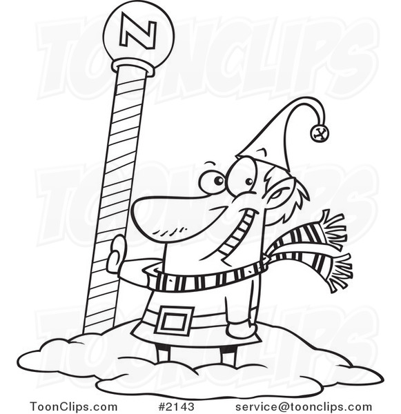 Cartoon black and white line drawing of a christmas elf by the north pole by ron leishman