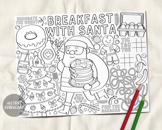 Breakfast with santa coloring page placemat for kids donuts pancakes with santa claus holiday christmas activity sheet instant download download now