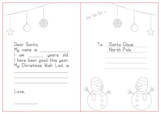 Premium vector christmas printable coloring and writing post card to santa
