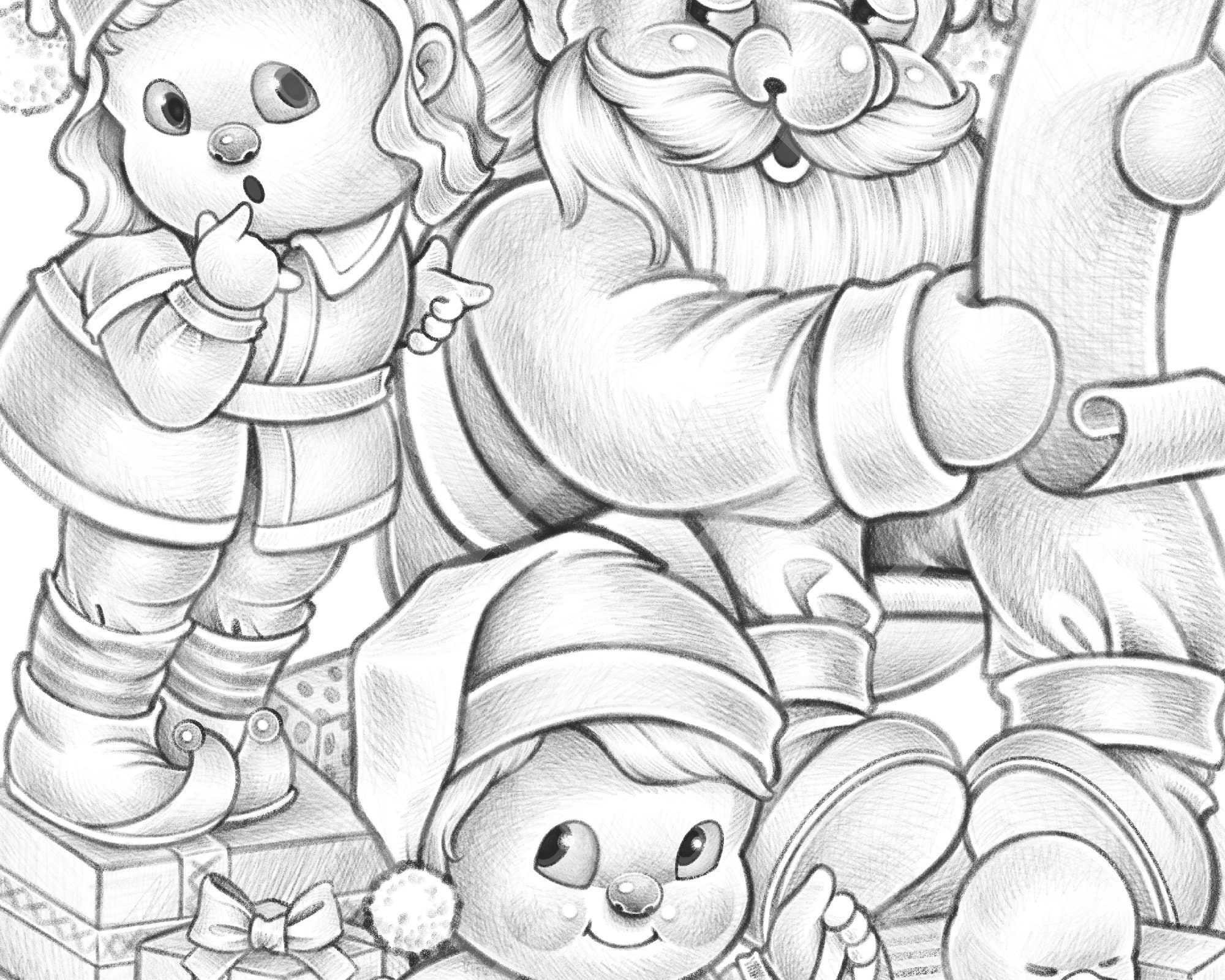 North pole operation christmas coloring page for adults and kids santa children boy girl gift elf printable instant download grayscale