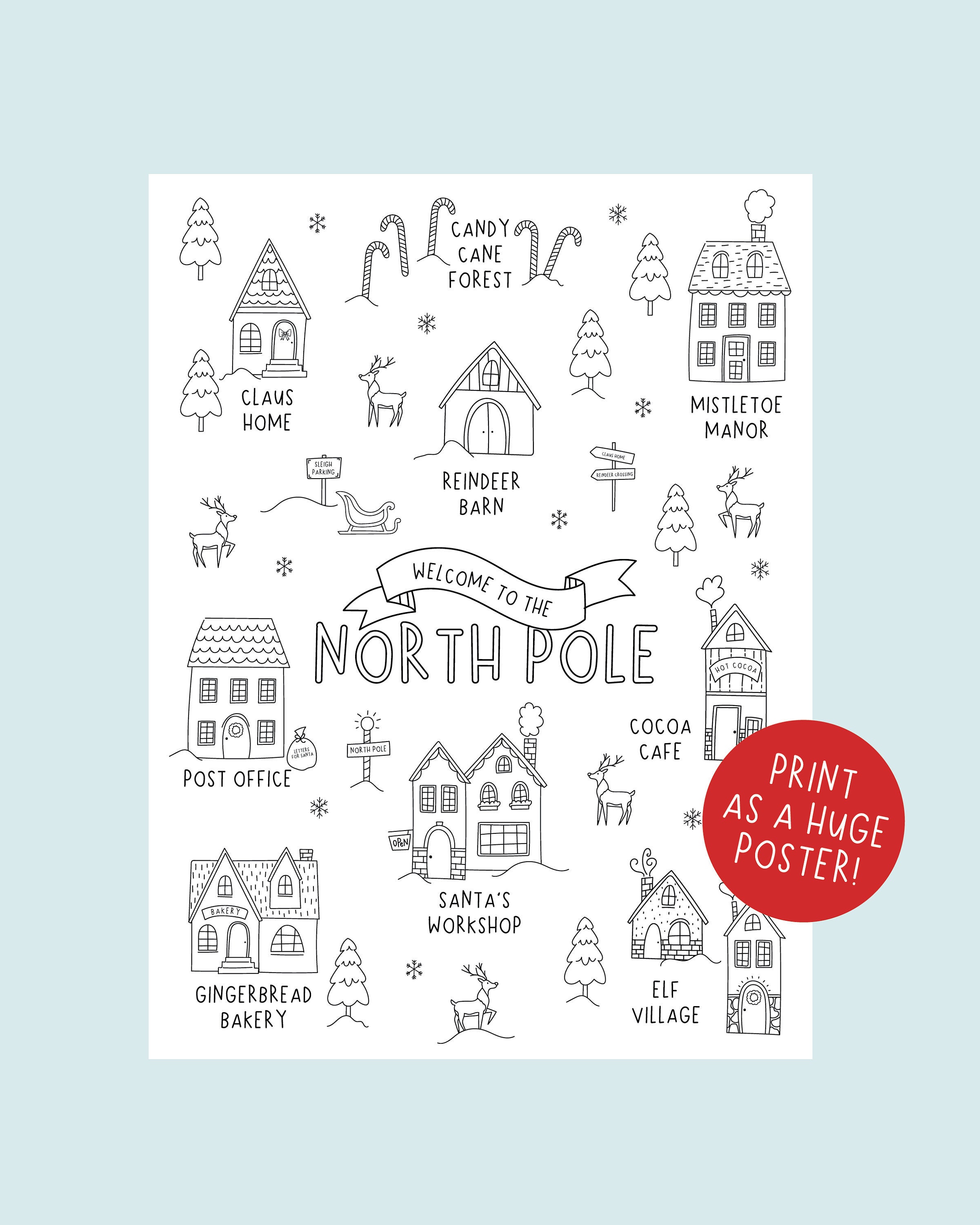 North pole christmas coloring poster engineer print