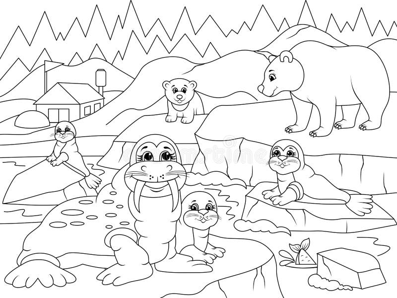 North pole landscape and wild animals vector page for printable children coloring book stock vector