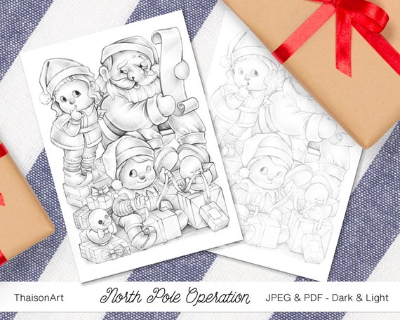 North pole operation christmas coloring page for adults and kids santa children boy girl gift elf printable instant download grayscale