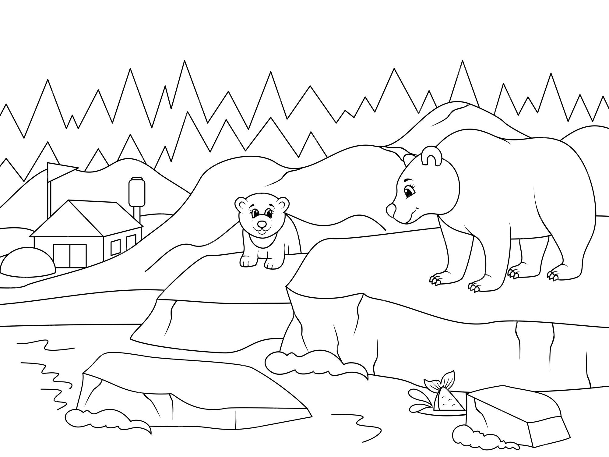 Premium vector a family of polar bears at the north pole mom and child landscape vector page for printable children coloring book