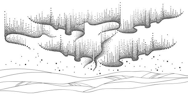 Vector panorama of polar sky with northern or polar light in black isolated on white background stock illustration