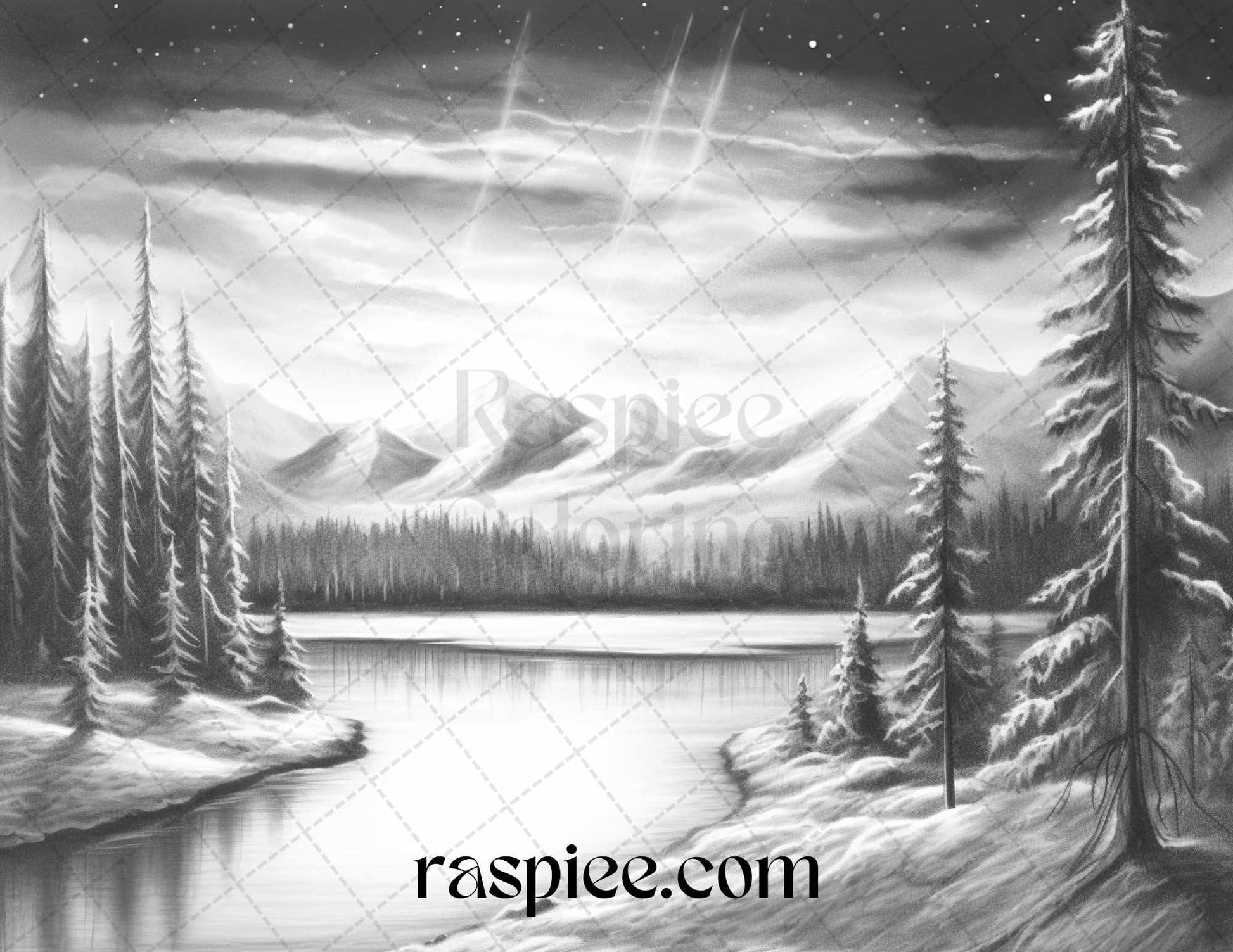 Aurora borealis landscape grayscale coloring pages for adults printab â coloring