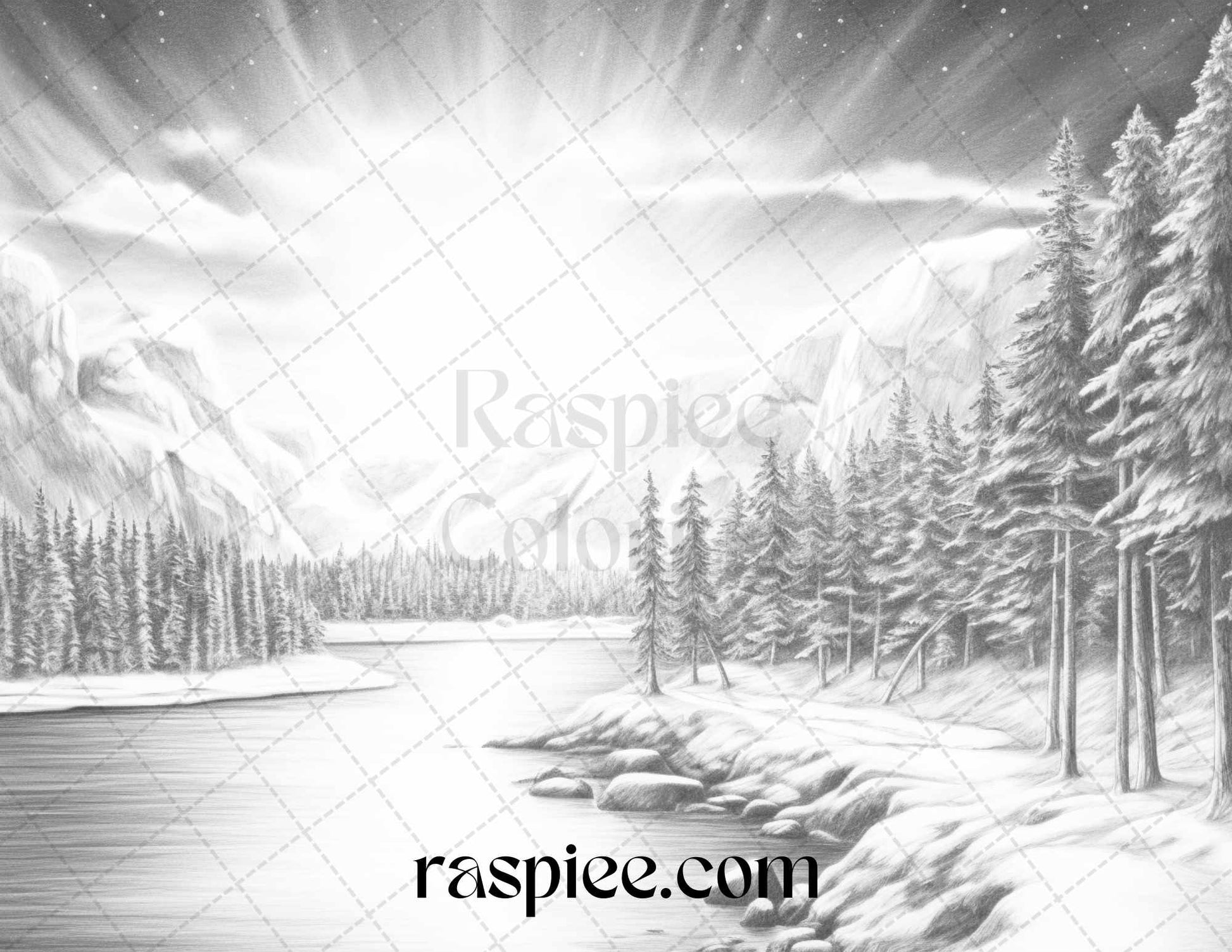 Aurora borealis landscape grayscale coloring pages for adults printab â coloring