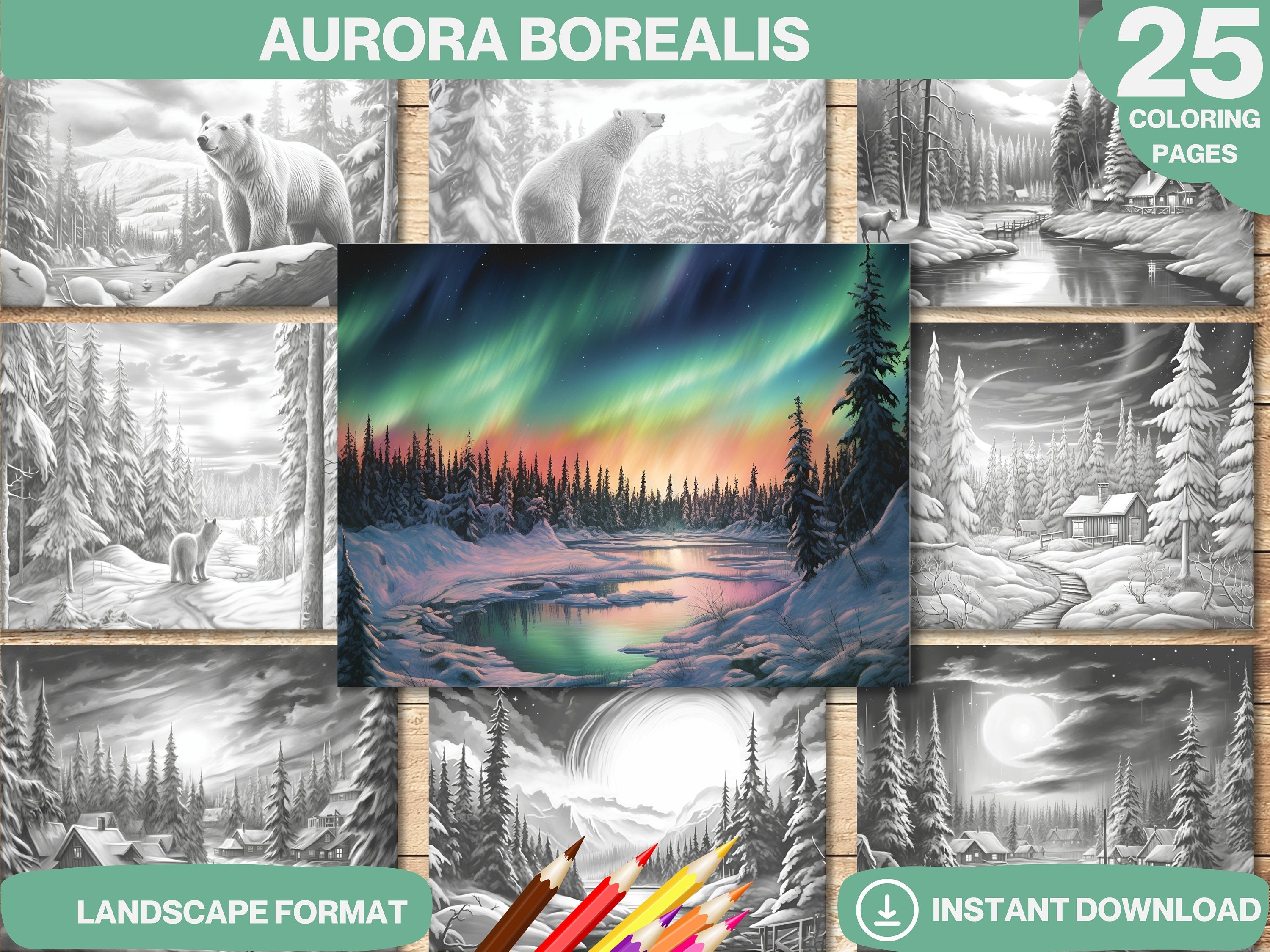 Aurora borealis coloring book grayscale adults and kids pages printable adult kid coloring page printable pdf file instant download