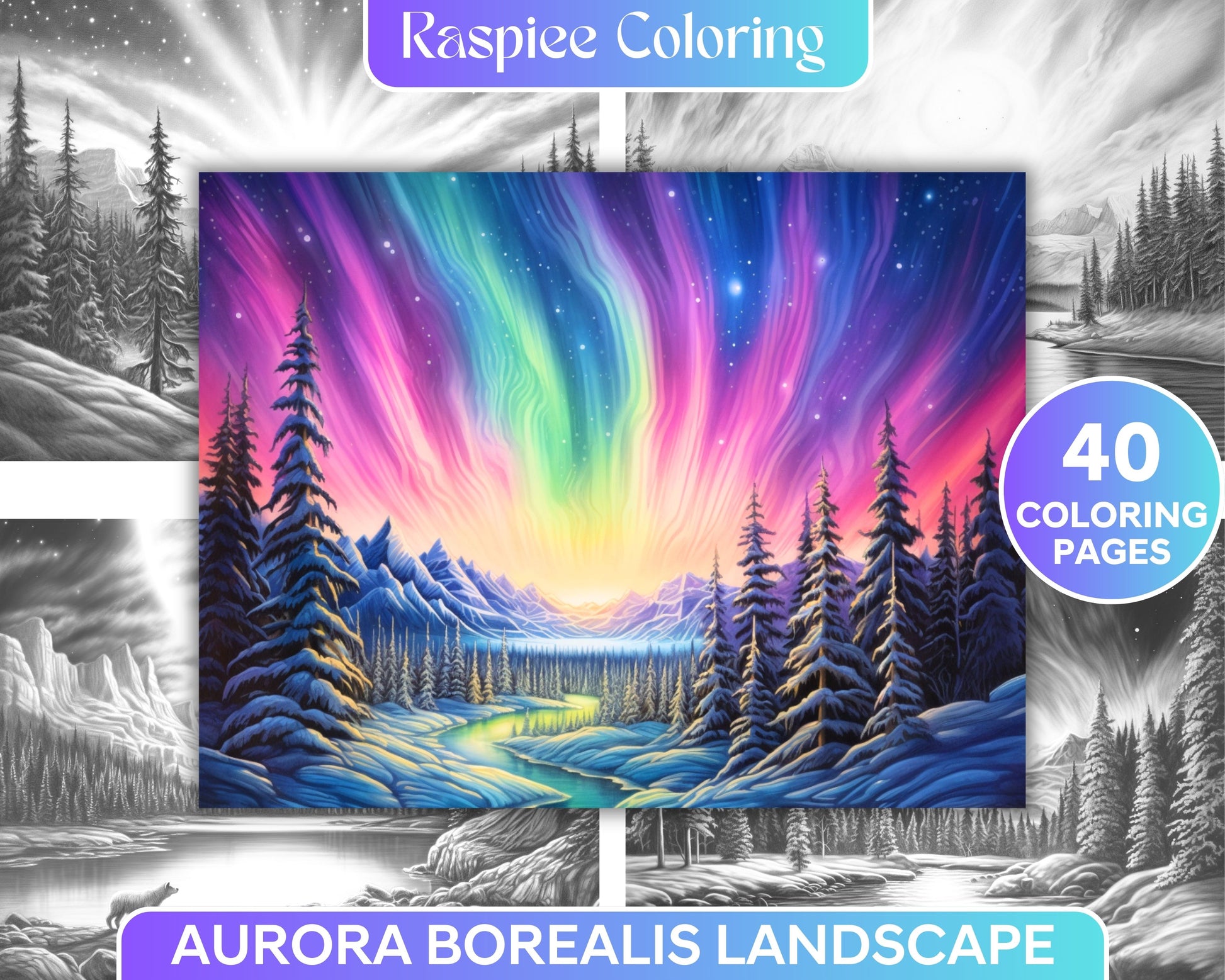 Aurora borealis landscape grayscale coloring pages for adults printab â coloring