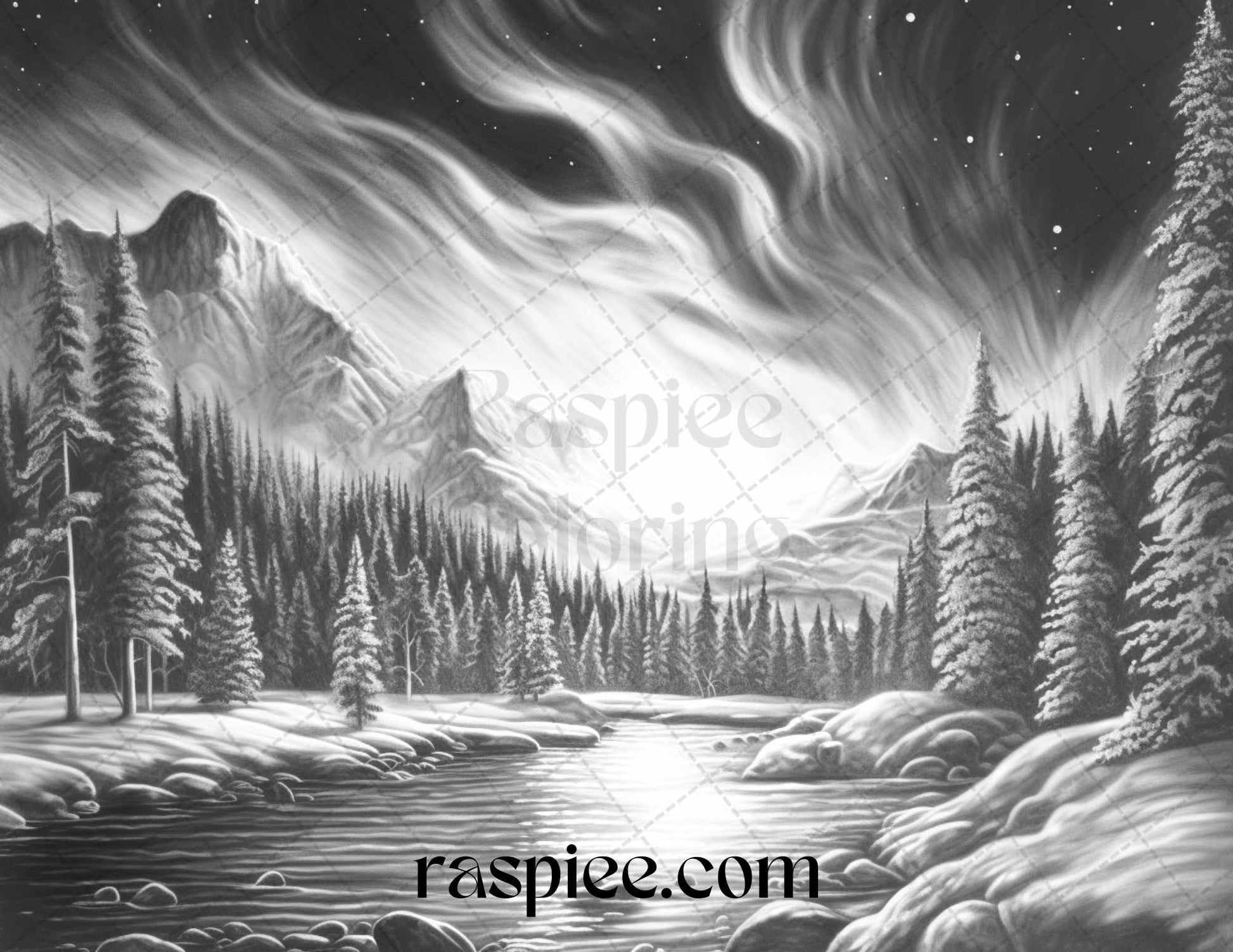 Aurora borealis landscape grayscale coloring pages for adults printab â coloring