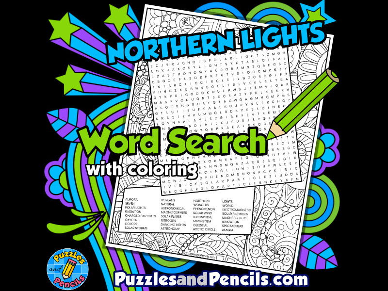 Aurora borealis word search puzzle with colouring activity seven wonders teaching resources