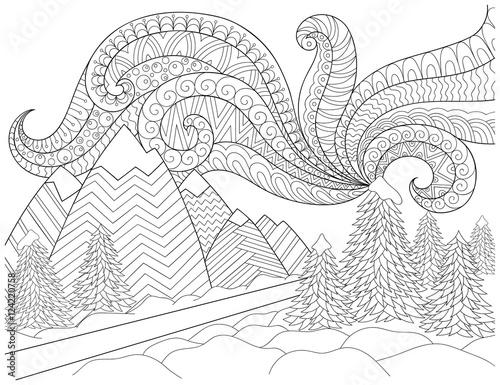 Doodle pattern in black and white winter landscape