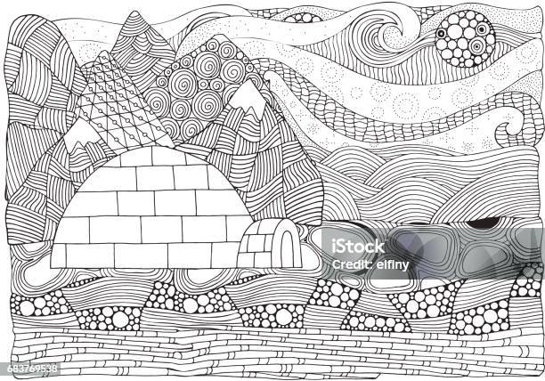 Igloo and artistic winter christmas antarctica pattern vector polar lights coloring book page for adult stock illustration