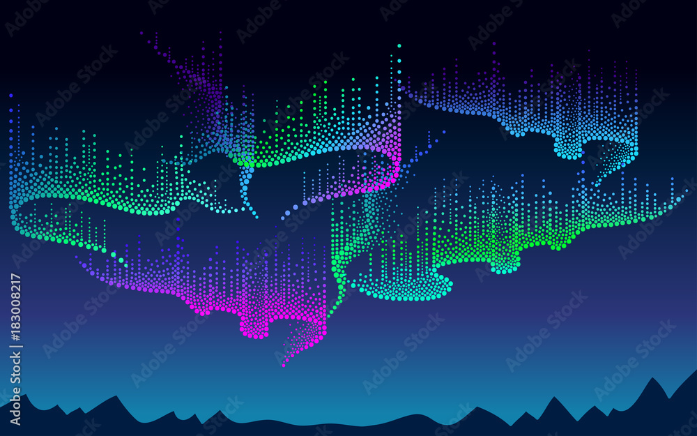 Vetor do vector panorama of polar sky with color northern or polar light night landscape with dotted swirls of aurora borealis lights in dotwork style on the dark background for space