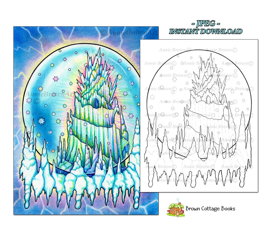 Christmas coloring page instant download line art printable holiday ice palace snow globe by annie brown hand