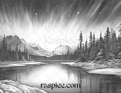 Aurora borealis landscape grayscale coloring pages for adults printab â coloring