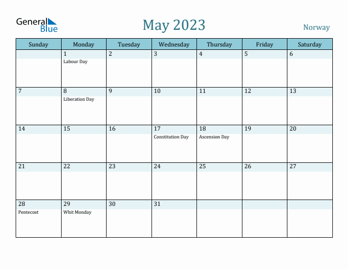 May monthly calendar with norway holidays