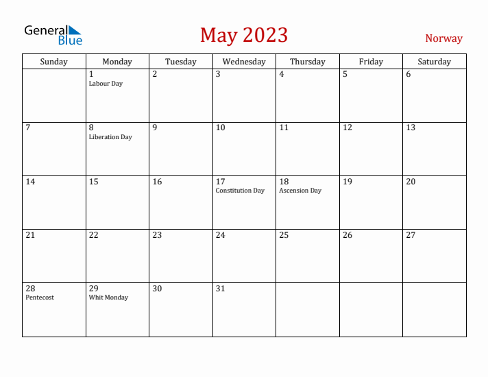 May monthly calendar with norway holidays