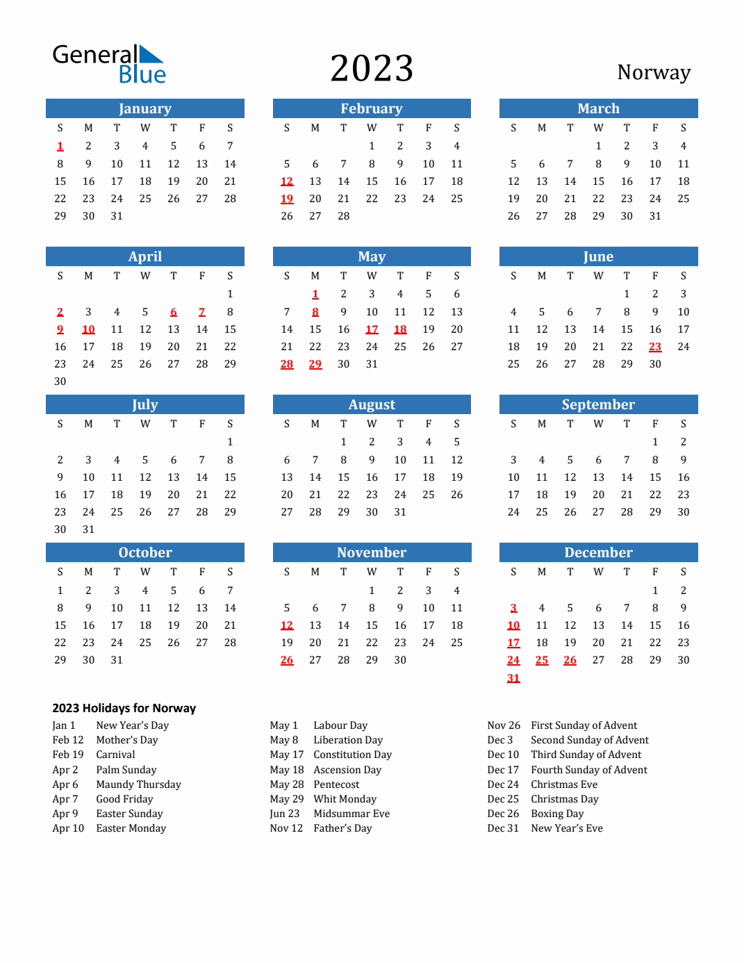 Norway calendar with holidays