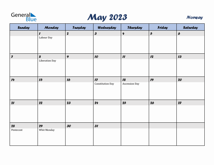 May monthly calendar with norway holidays