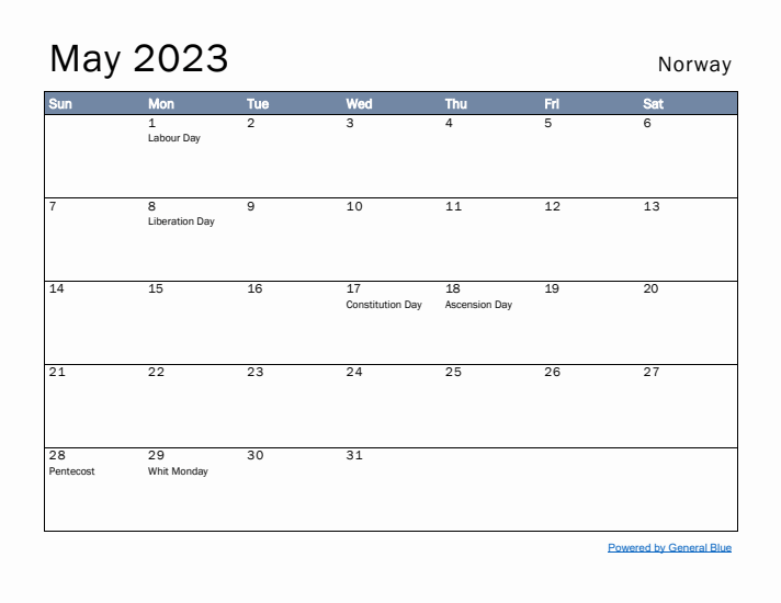 May monthly calendar with norway holidays