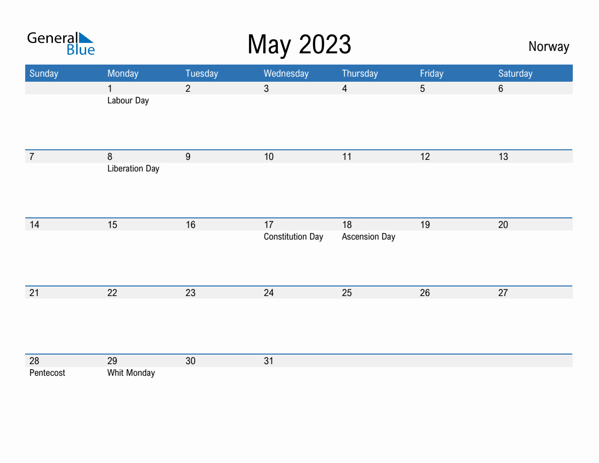 May monthly calendar with norway holidays