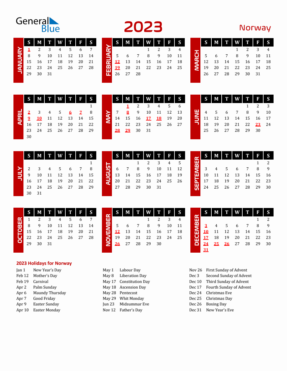 Norway yearly calendar downloadable