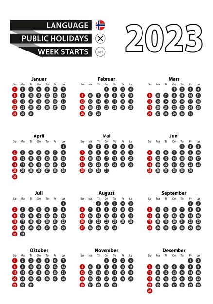 Premium vector norwegian calendar with numbers in circles week starts on sunday with flag of norway