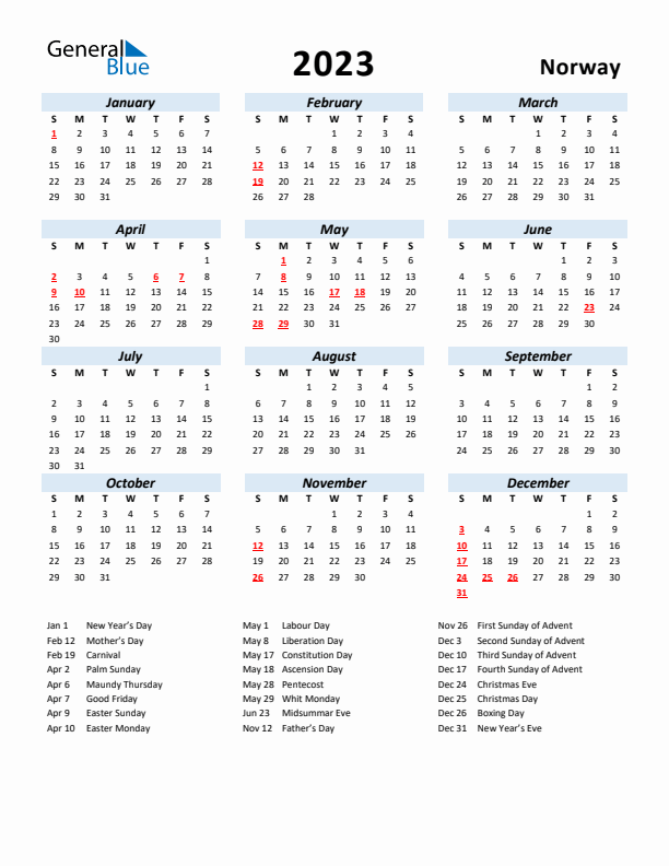 Norway calendar with holidays