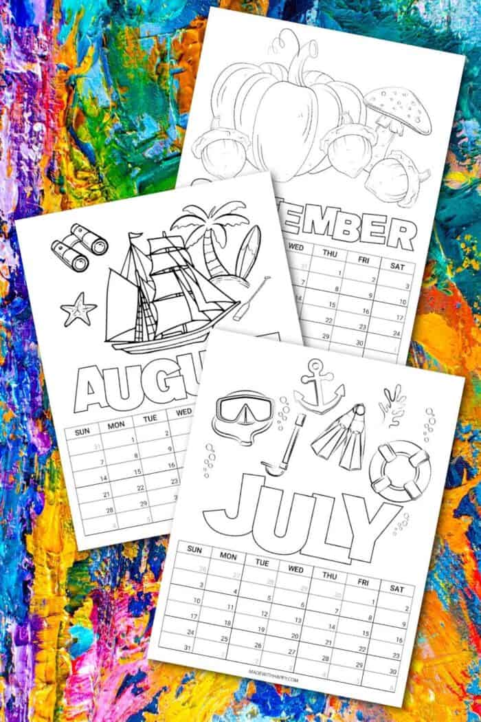 Printable coloring calendar for kids