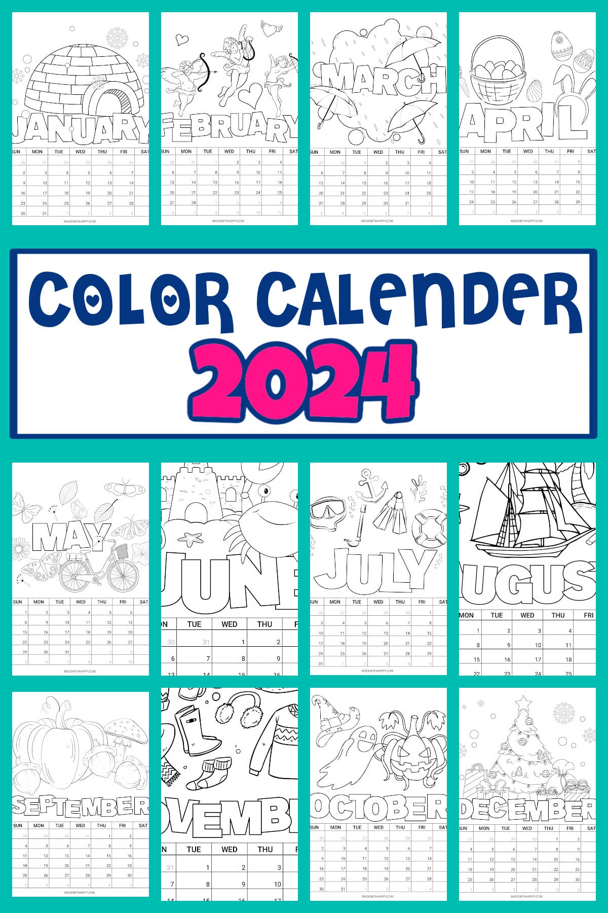 Printable coloring calendar for kids