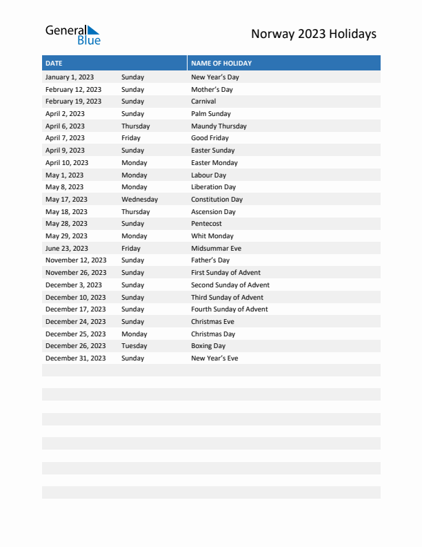 Norway list of holidays in pdf word and excel