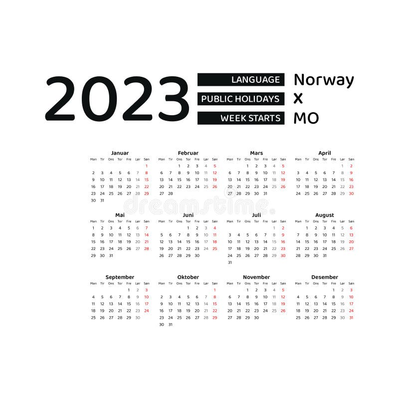 Norway calendar week starts from monday vector graphic design stock illustration