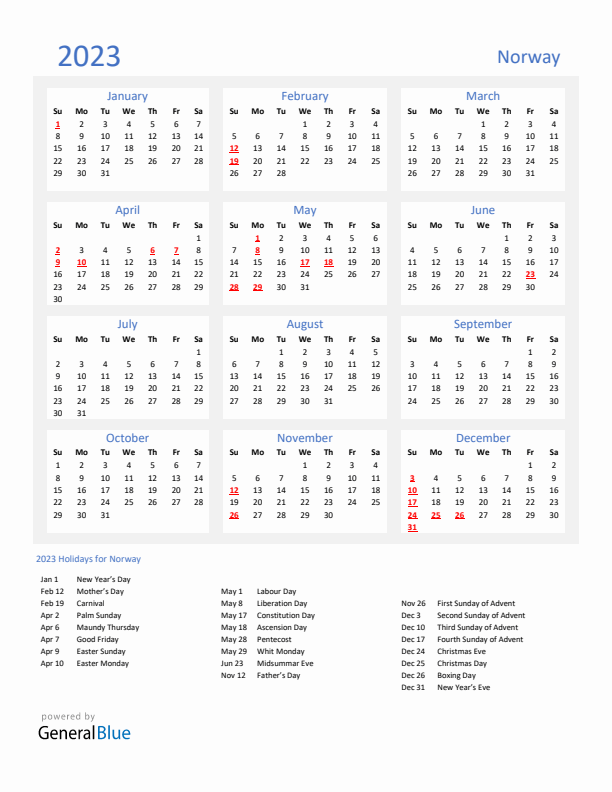 Norway calendar with holidays