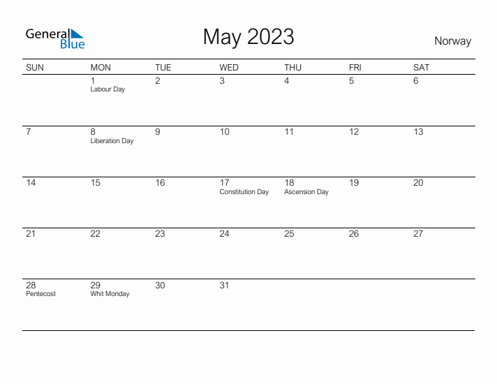 May monthly calendar with norway holidays