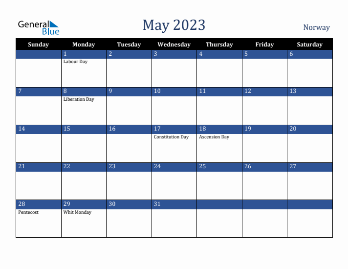 May monthly calendar with norway holidays