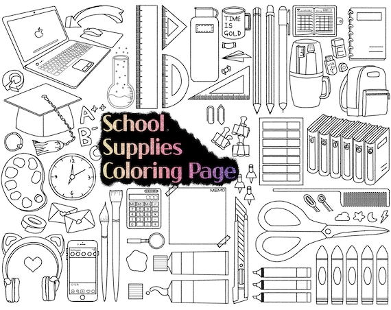 School supplies coloring pages notebook notebook purple crayons paint tooth brushing headset art supplies school cap clock