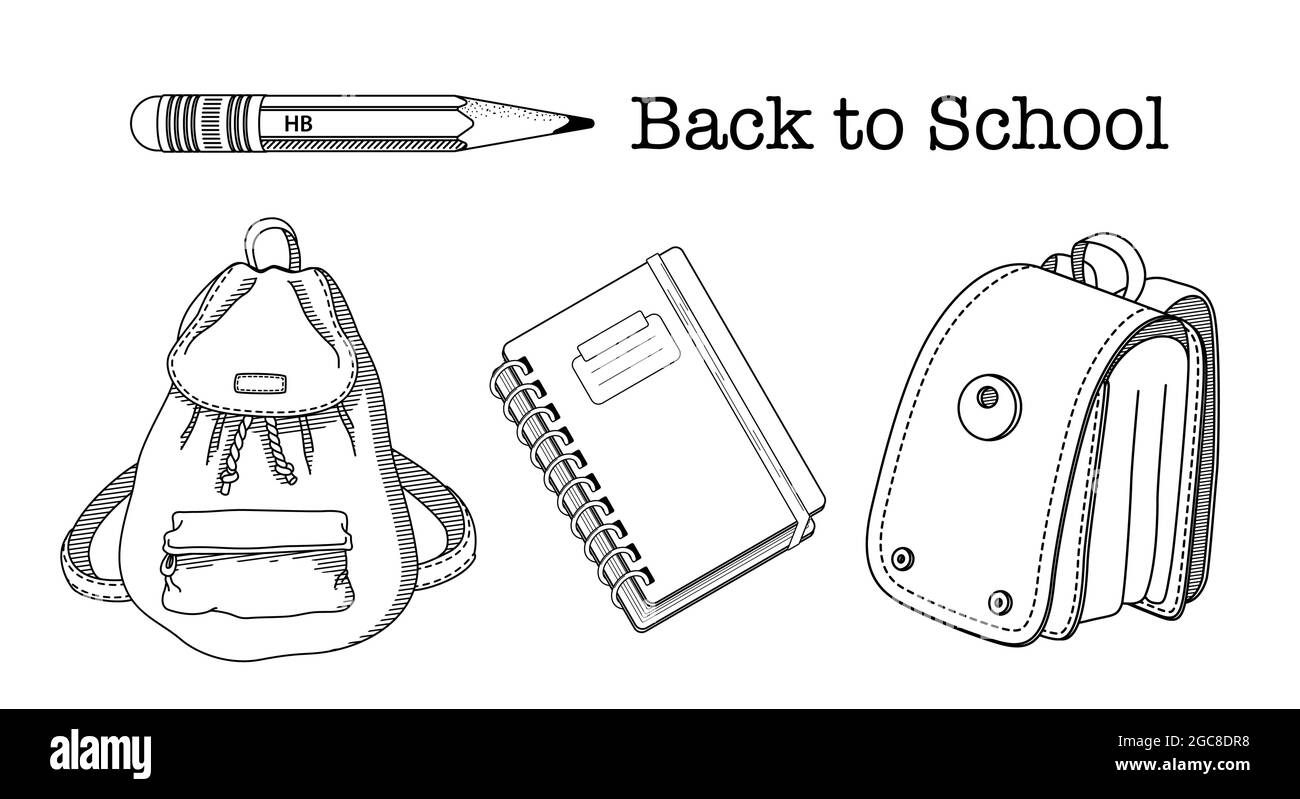 Back to school coloring page set of childish school supplies vector illustrations backpack schoolbag pencils and notebook premium vector stock vector image art