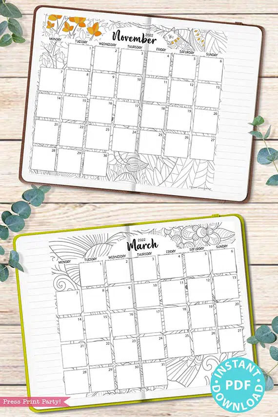 Monday start monthly printable calendars adult coloring