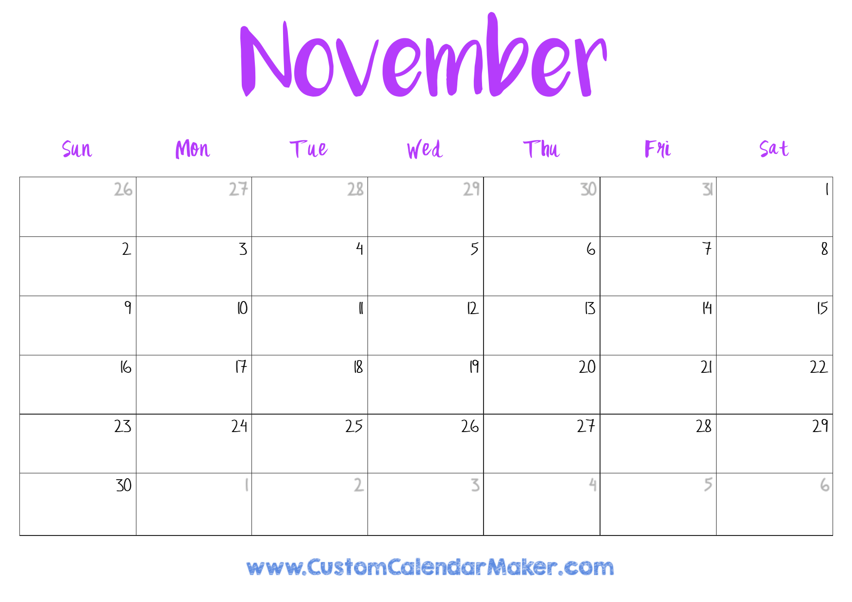 November printable calendar free templates pdf