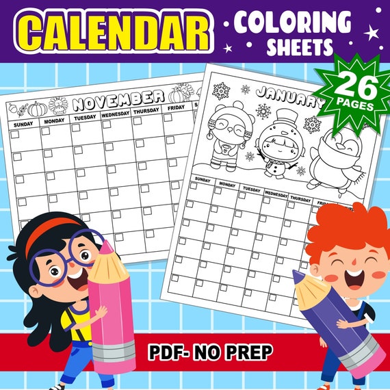 Printable coloring calendar for kids digital download undated monthly calendar for diy activities