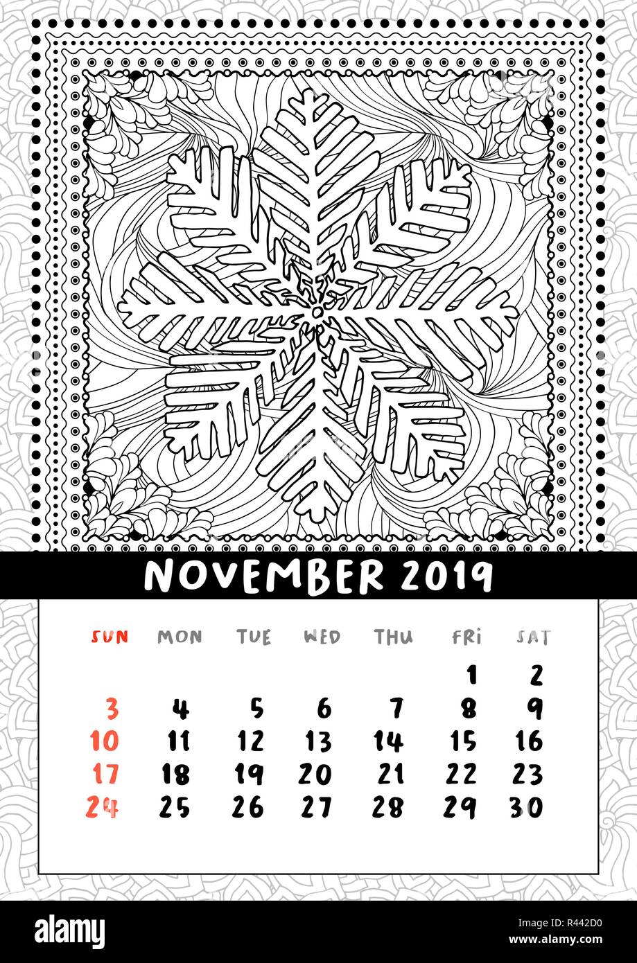 Snowflake coloring book page calendar november handdraw doodle illustration in square frame black and white line art poster vector pattern stock vector image art