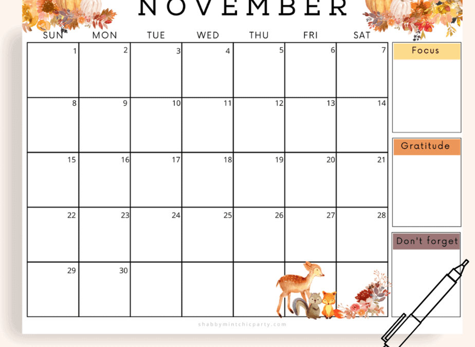 Free printable november calendar shabby mint chic party